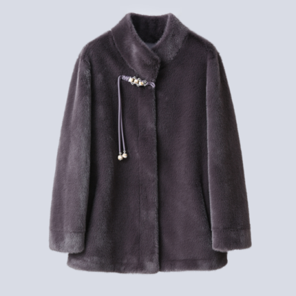 Deep-purple coat designed for mothers